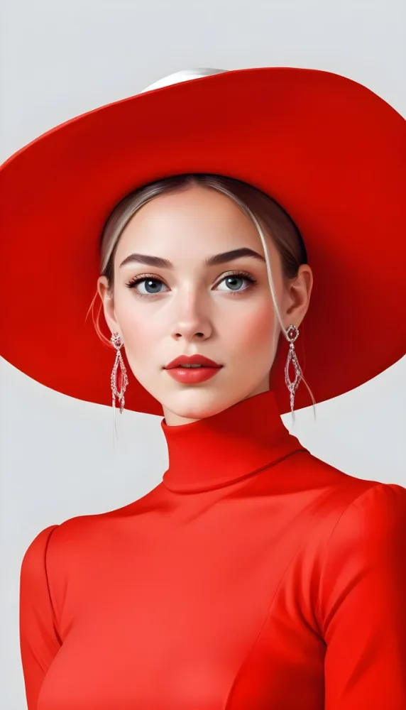 A Caucasian Woman Age 23 With Light Skin White Hair Wearing A Red Dress And A Red Hat With Earrings In A White Background 19 C01e