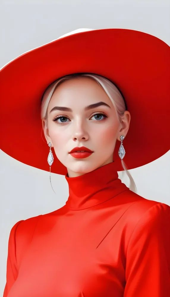 A Caucasian Woman Age 23 With Light Skin White Hair Wearing A Red Dress And A Red Hat With Earrings In A White Background 2 5821
