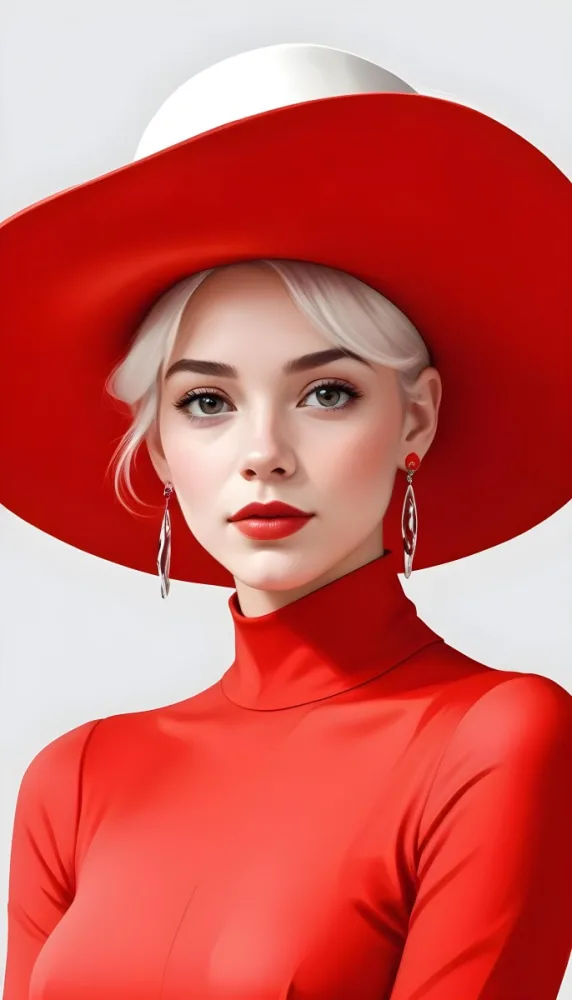A Caucasian Woman Age 23 With Light Skin White Hair Wearing A Red Dress And A Red Hat With Earrings In A White Background 20 E94a