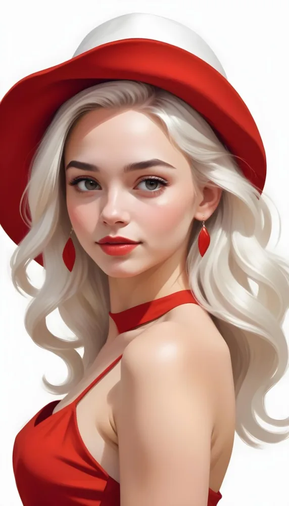 A Caucasian Woman Age 23 With Light Skin White Hair Wearing A Red Dress And A Red Hat With Earrings In A White Background 21 676f