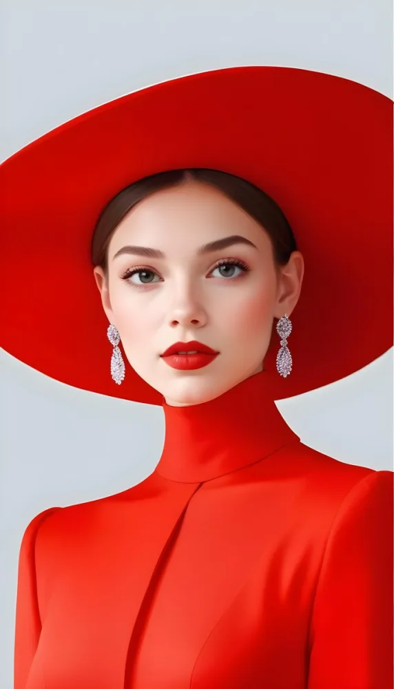 A Caucasian Woman Age 23 With Light Skin White Hair Wearing A Red Dress And A Red Hat With Earrings In A White Background 22 10cf