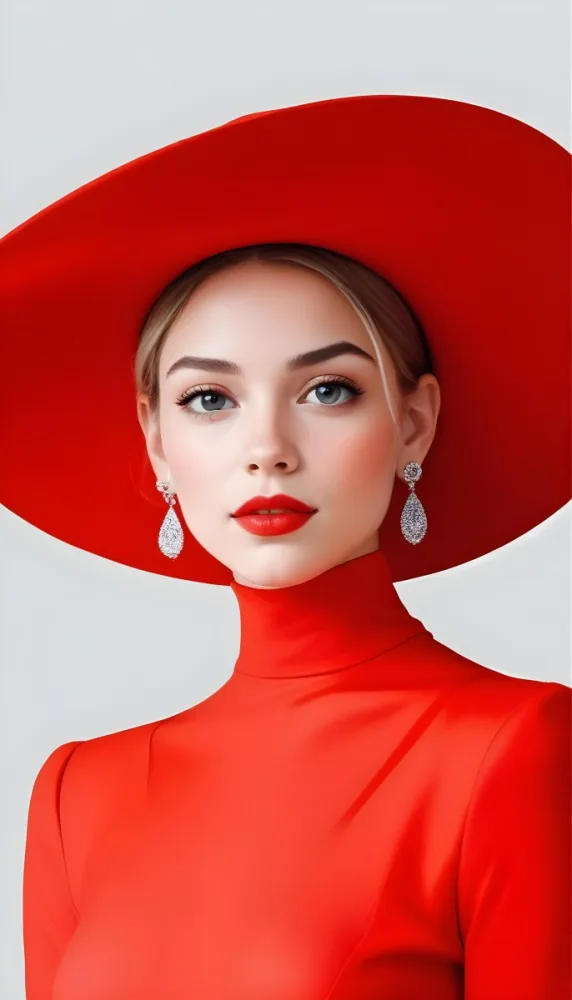 A Caucasian Woman Age 23 With Light Skin White Hair Wearing A Red Dress And A Red Hat With Earrings In A White Background 34 2b9f