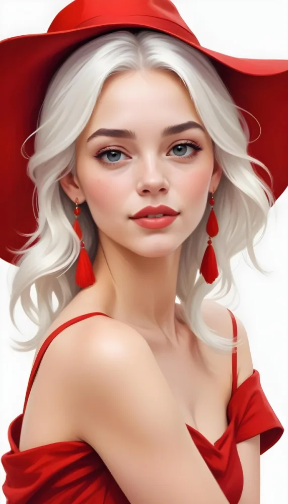 A Caucasian Woman Age 23 With Light Skin White Hair Wearing A Red Dress And A Red Hat With Earrings In A White Background 8 80e5