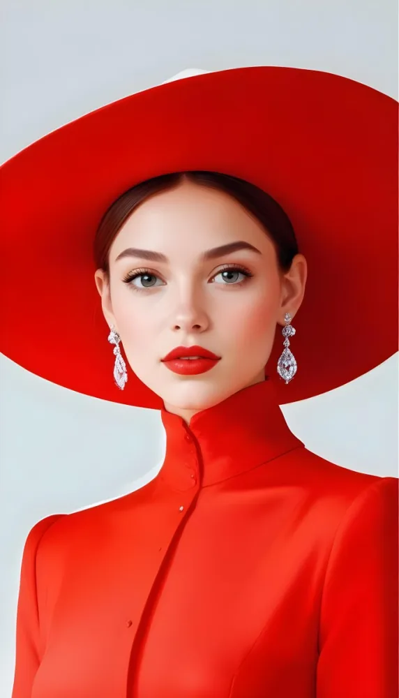 A Caucasian Woman Age 23 With Light Skin White Hair Wearing A Red Dress And A Red Hat With Earrings In A White Background 9 De64