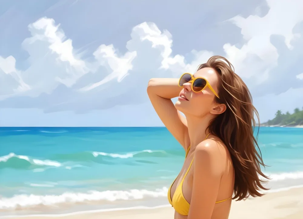 A Caucasian Woman Age 25 Brown Hair Yellow Bikini And Sunglasses Looking Up To The Sky In A Tropical Beach 10 Cef0