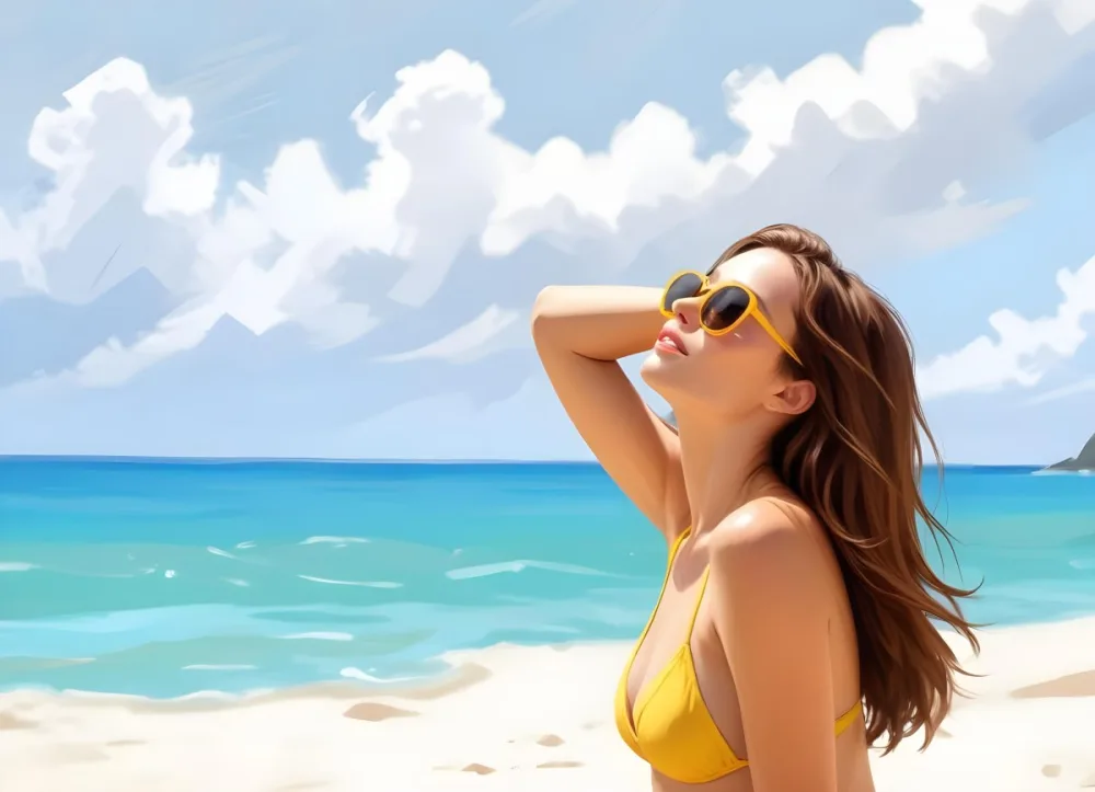 A Caucasian Woman Age 25 Brown Hair Yellow Bikini And Sunglasses Looking Up To The Sky In A Tropical Beach 28 D546