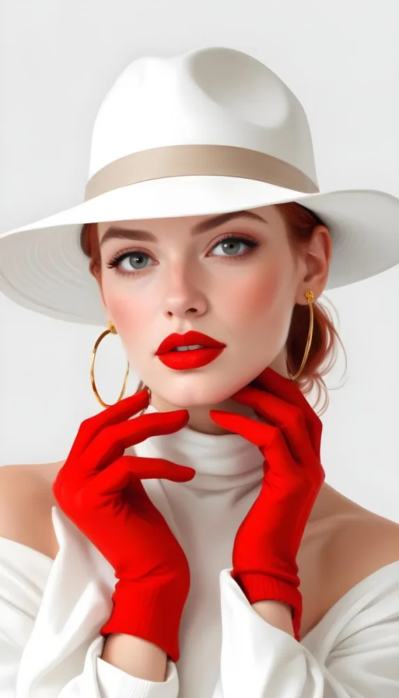A Caucasian Woman Age 25 Red Hair Wearing A White Hat Brown Lipstick Red Gloves And Golden Earrings In A Red Background 6 4173