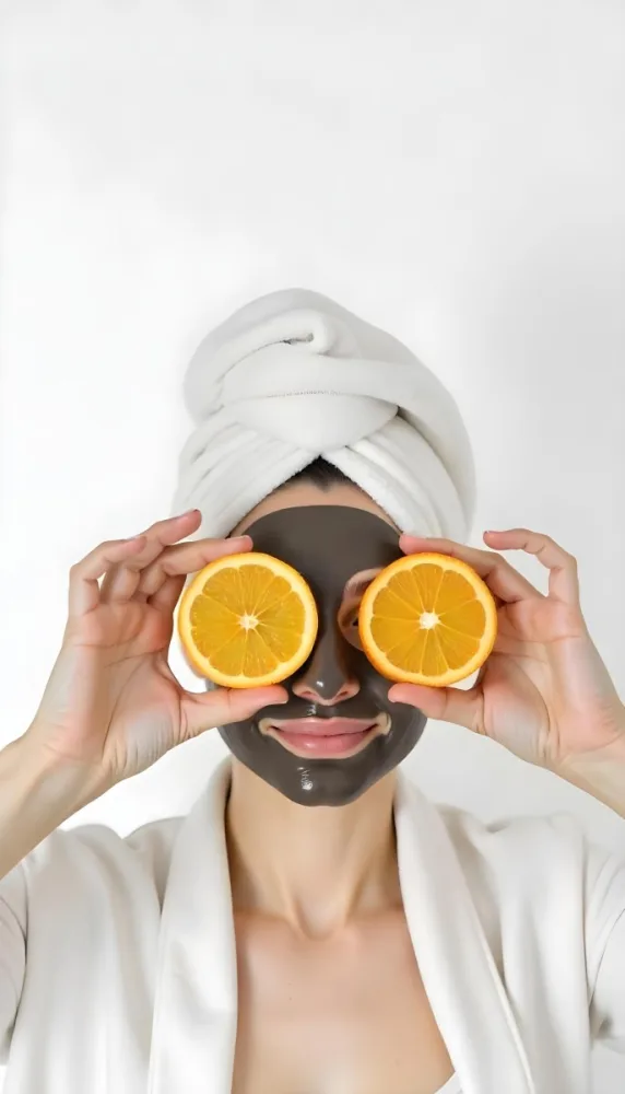 A Caucasian Woman Age 25 With A Towel On Her Head And A Facial Mask Holding Two Orange Slices In Front Of Her Eyes White Background 23 Dcd9