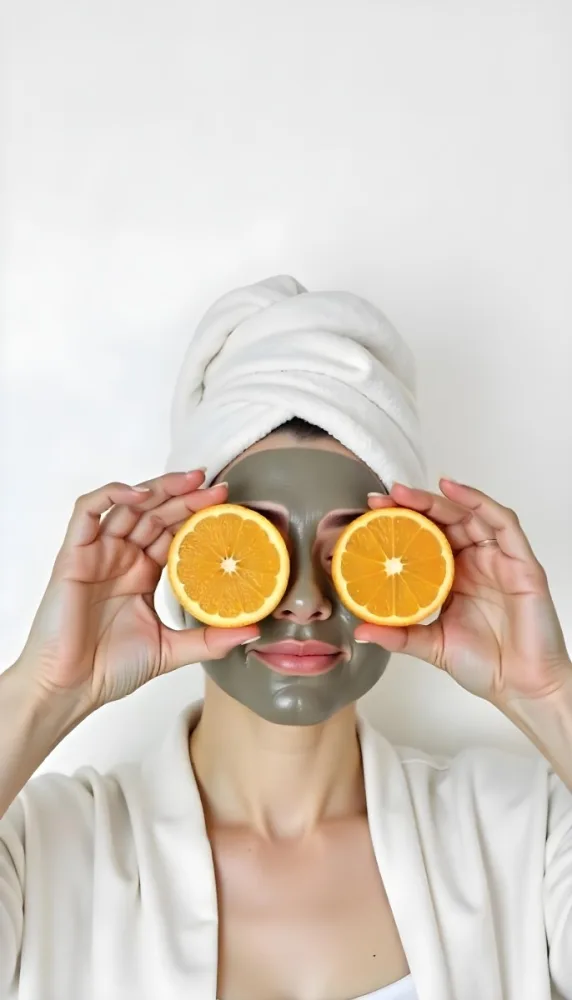 A Caucasian Woman Age 25 With A Towel On Her Head And A Facial Mask Holding Two Orange Slices In Front Of Her Eyes White Background 28 Db6a