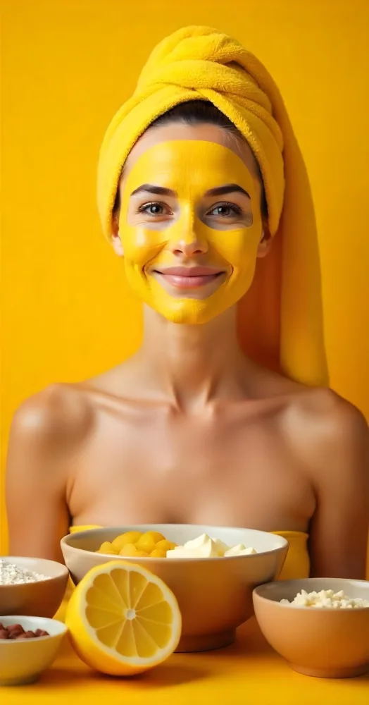 A Caucasian Woman Age 25 With A Yellow Towel On Her Head And A Yellow Mask On Her Face Surrounded By Bowls With Ingredients On A Yellow Background 11 Dd12