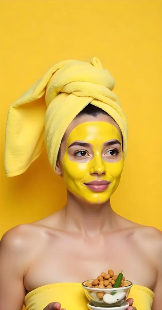 A Caucasian Woman Age 25 With A Yellow Towel On Her Head And A Yellow Mask On Her Face Surrounded By Bowls With Ingredients On A Yellow Background 14 B3cf