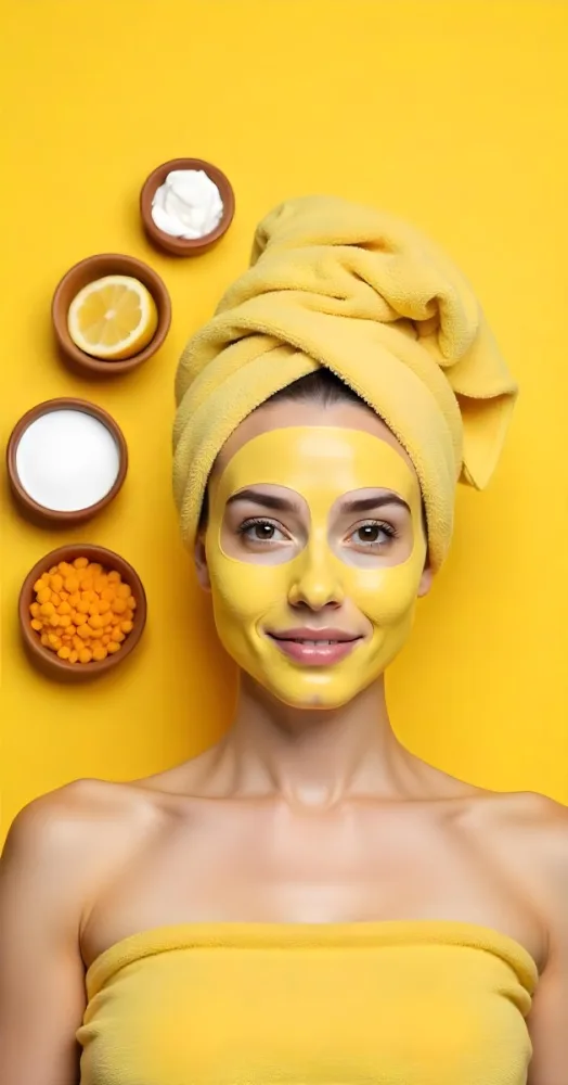 A Caucasian Woman Age 25 With A Yellow Towel On Her Head And A Yellow Mask On Her Face Surrounded By Bowls With Ingredients On A Yellow Background 20 2940