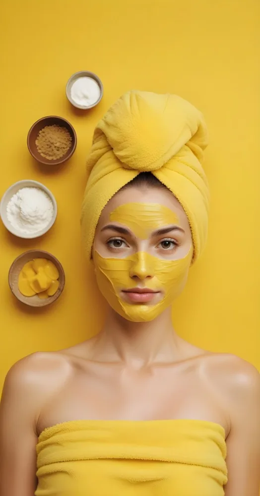 A Caucasian Woman Age 25 With A Yellow Towel On Her Head And A Yellow Mask On Her Face Surrounded By Bowls With Ingredients On A Yellow Background 28 Ef73
