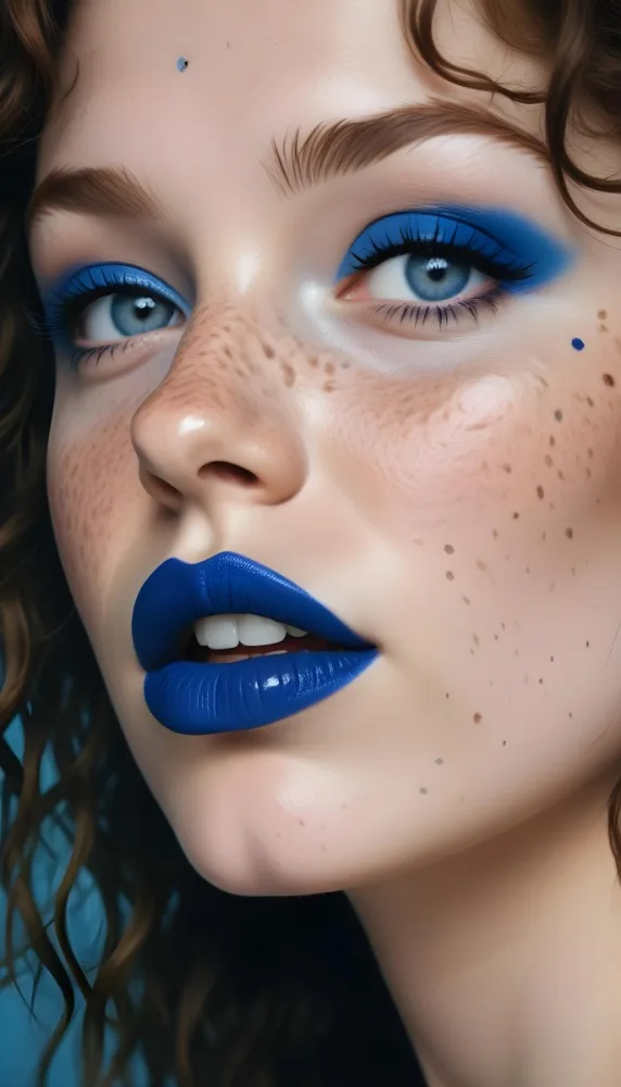 A Caucasian Woman Age 25 With Freckles Blue Lipstick And Blue Makeup Looking At The Camera Studio Background 16 Edf0