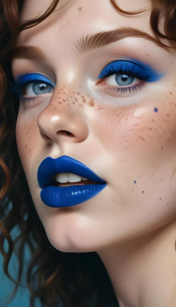 A Caucasian Woman Age 25 With Freckles Blue Lipstick And Blue Makeup Looking At The Camera Studio Background 18 F926