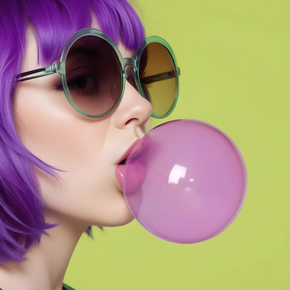 A Caucasian Woman Age 25 With Green Hair And Sunglasses Blowing A Bubble With A Green Bubblegum In Front Of A Green Background 10 Dddc