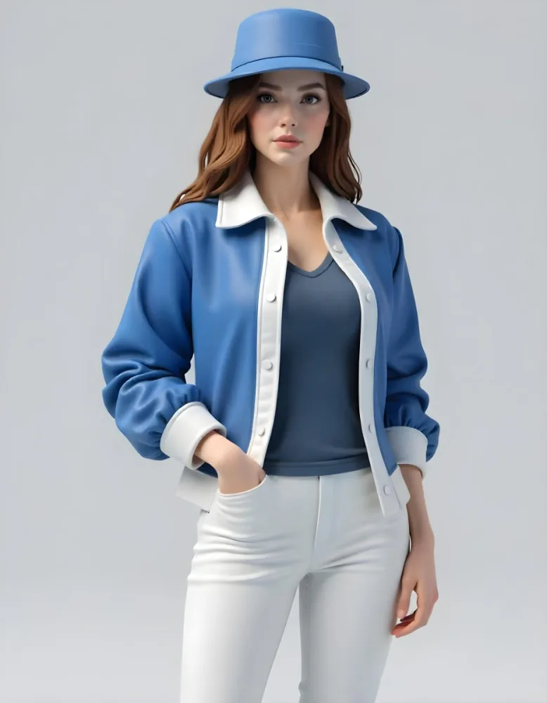 A Caucasian Woman Age 26 Long Brown Hair Wearing A White Jacket And A Blue Hat In A White Background 18 5f72