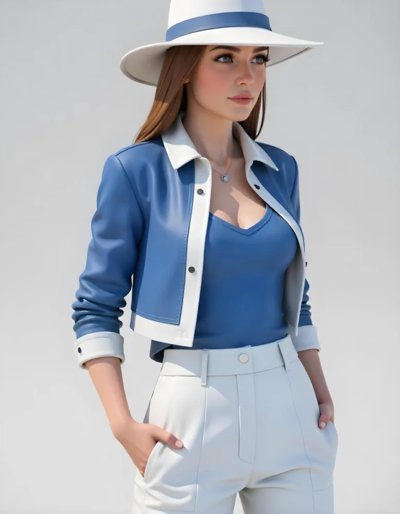 A Caucasian Woman Age 26 Long Brown Hair Wearing A White Jacket And A Blue Hat In A White Background 2 Cef8