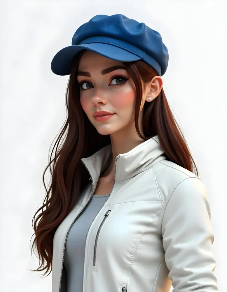 A Caucasian Woman Age 26 Long Brown Hair Wearing A White Jacket And A Blue Hat In A White Background 20 290a