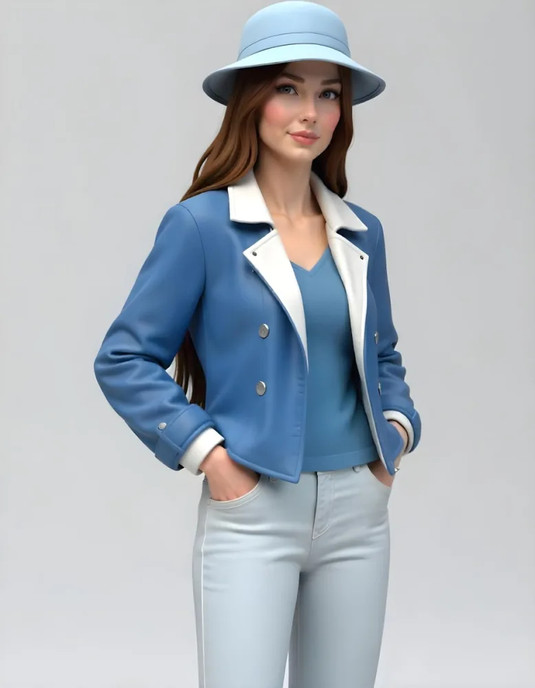 A Caucasian Woman Age 26 Long Brown Hair Wearing A White Jacket And A Blue Hat In A White Background 27 1017