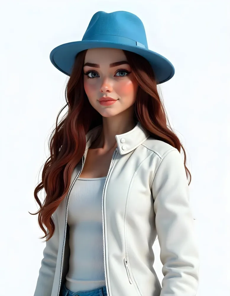 A Caucasian Woman Age 26 Long Brown Hair Wearing A White Jacket And A Blue Hat In A White Background 31 20cc