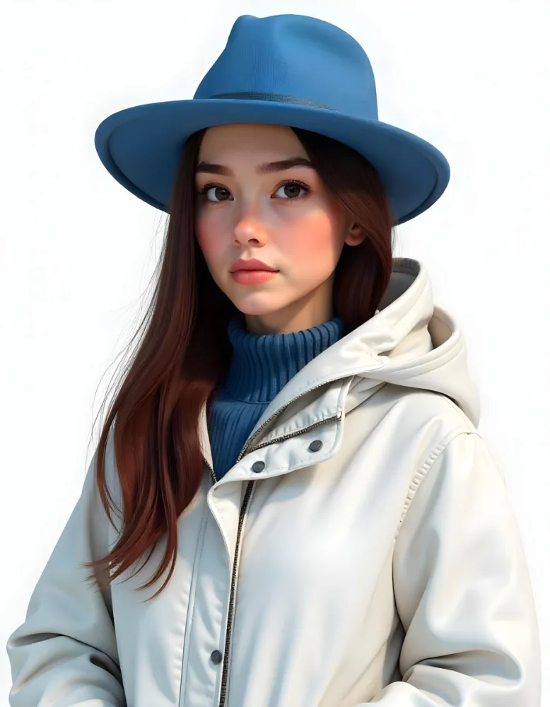 A Caucasian Woman Age 26 Long Brown Hair Wearing A White Jacket And A Blue Hat In A White Background 33 6111