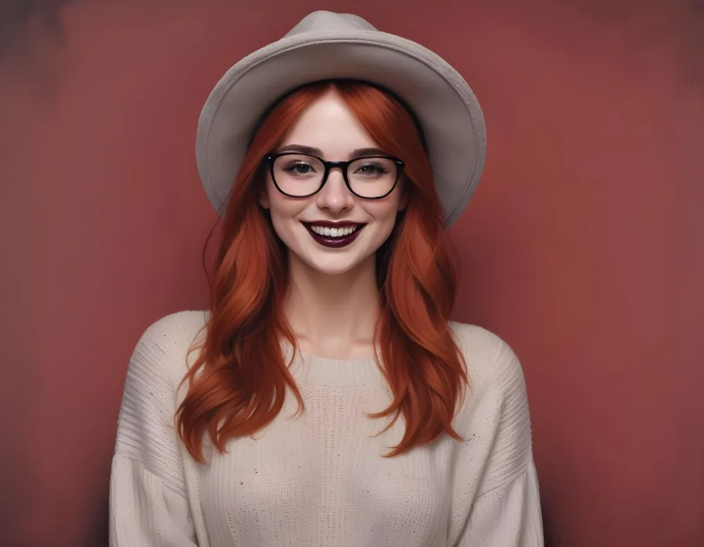 A Caucasian Woman Age 28 Red Hair Wearing A Black Hat And Glasses Smiling With Black Lipstick And Black Nails Black Sweater Black Background 1 A786