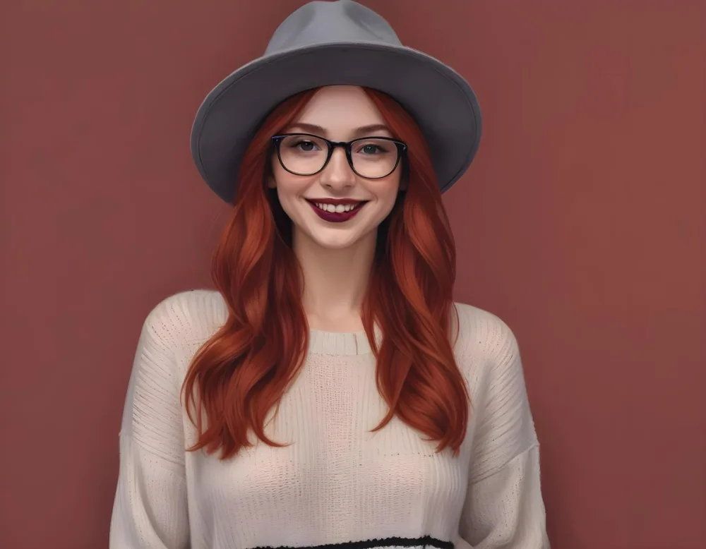 A Caucasian Woman Age 28 Red Hair Wearing A Black Hat And Glasses Smiling With Black Lipstick And Black Nails Black Sweater Black Background 6 De20