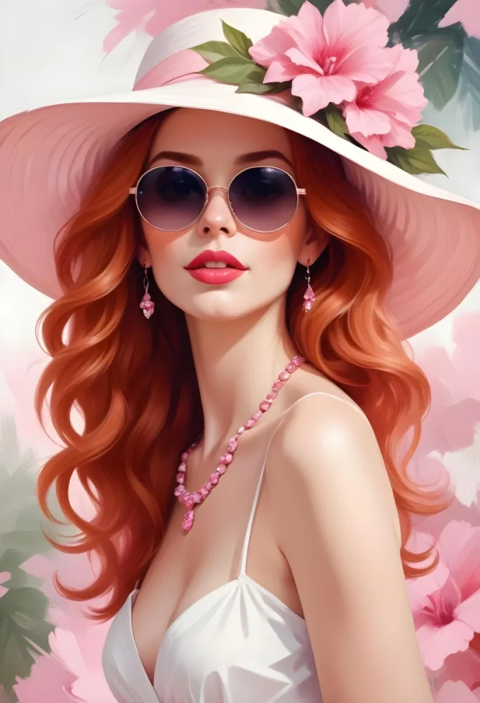 A Caucasian Woman Age 28 Red Wavy Hair Wearing A Big Hat And Sunglasses Pink Lipstick White Dress With Pink Flowers Earrings And Necklace Light Background 13 Be39