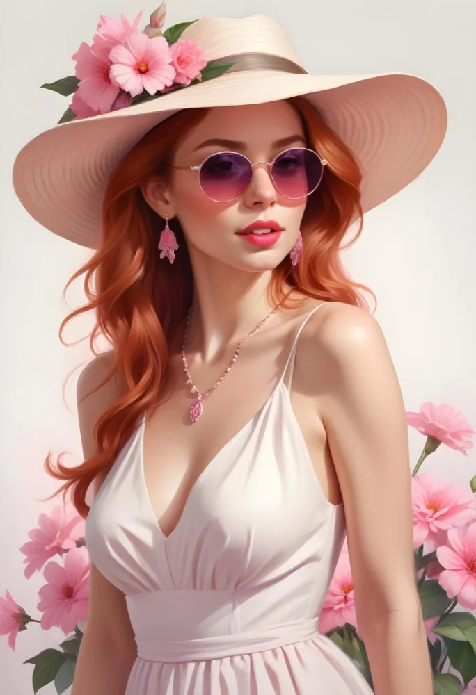 A Caucasian Woman Age 28 Red Wavy Hair Wearing A Big Hat And Sunglasses Pink Lipstick White Dress With Pink Flowers Earrings And Necklace Light Background 6 3dc3