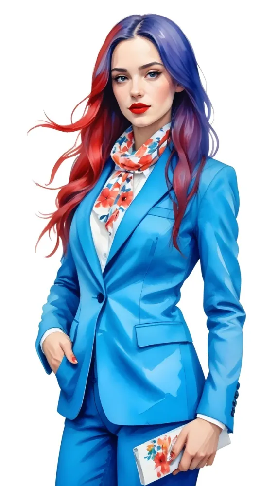 A Caucasian Woman Age 28 With Long Blue Hair Red Lips Wearing A White Suit And A Floral Scarf In A Blue Background 15 Abb7