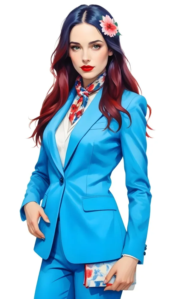 A Caucasian Woman Age 28 With Long Blue Hair Red Lips Wearing A White Suit And A Floral Scarf In A Blue Background 18 B07a