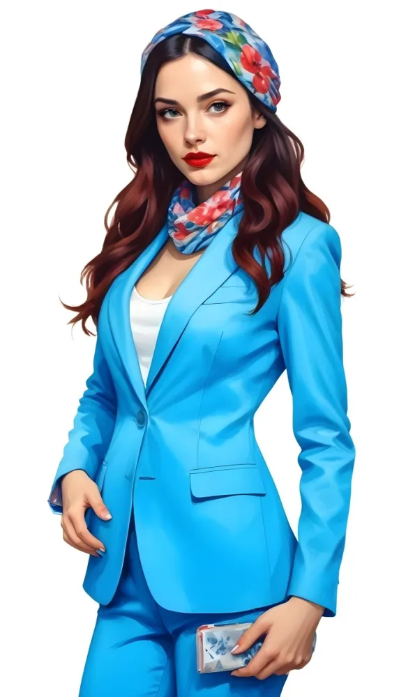 A Caucasian Woman Age 28 With Long Blue Hair Red Lips Wearing A White Suit And A Floral Scarf In A Blue Background 23 Ce6e