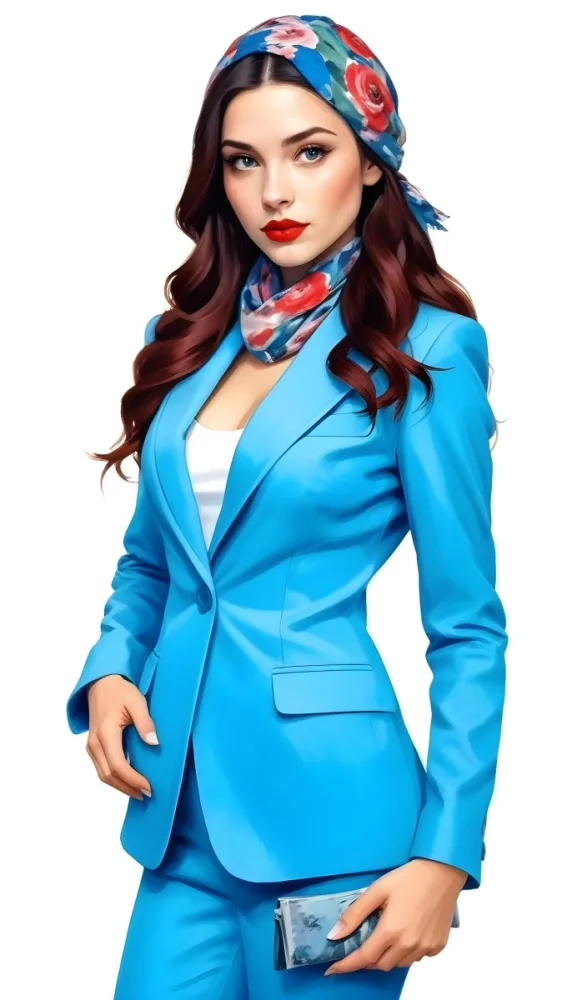 A Caucasian Woman Age 28 With Long Blue Hair Red Lips Wearing A White Suit And A Floral Scarf In A Blue Background 25 F384