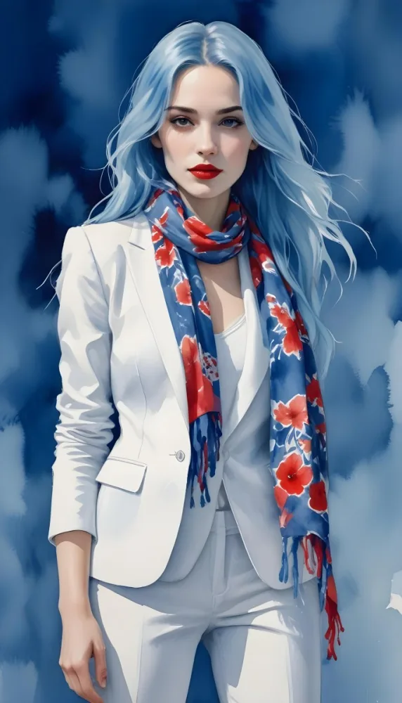 A Caucasian Woman Age 28 With Long Blue Hair Red Lips Wearing A White Suit And A Floral Scarf In A Blue Background 3 84b5