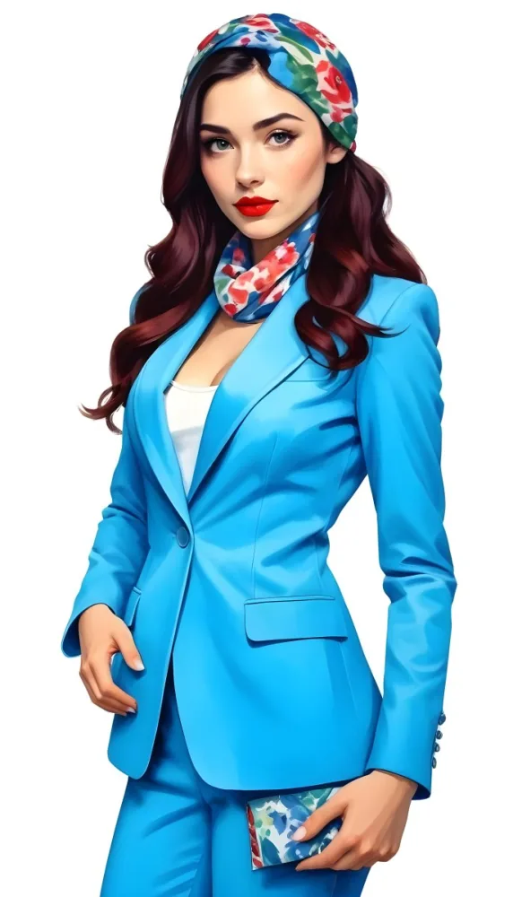 A Caucasian Woman Age 28 With Long Blue Hair Red Lips Wearing A White Suit And A Floral Scarf In A Blue Background 31 6919