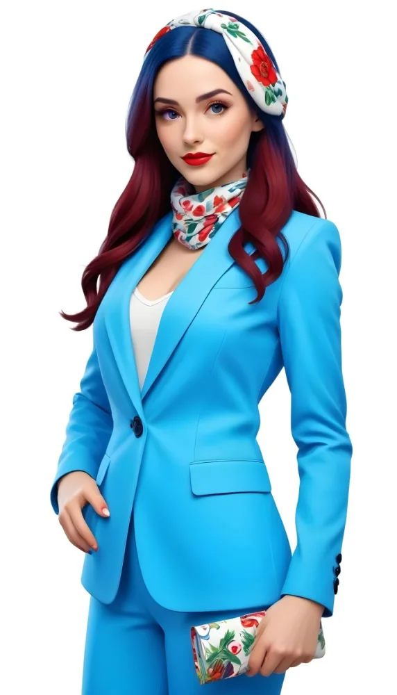 A Caucasian Woman Age 28 With Long Blue Hair Red Lips Wearing A White Suit And A Floral Scarf In A Blue Background 36 Cf32