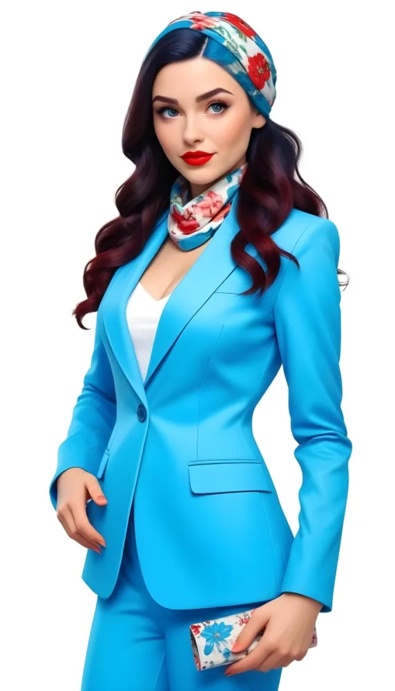 A Caucasian Woman Age 28 With Long Blue Hair Red Lips Wearing A White Suit And A Floral Scarf In A Blue Background 43 C8d3