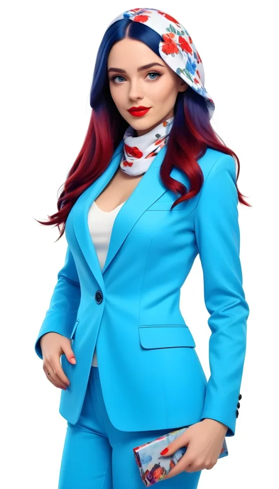 A Caucasian Woman Age 28 With Long Blue Hair Red Lips Wearing A White Suit And A Floral Scarf In A Blue Background 45 D67f