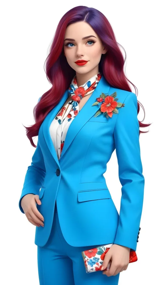 A Caucasian Woman Age 28 With Long Blue Hair Red Lips Wearing A White Suit And A Floral Scarf In A Blue Background 48 0150