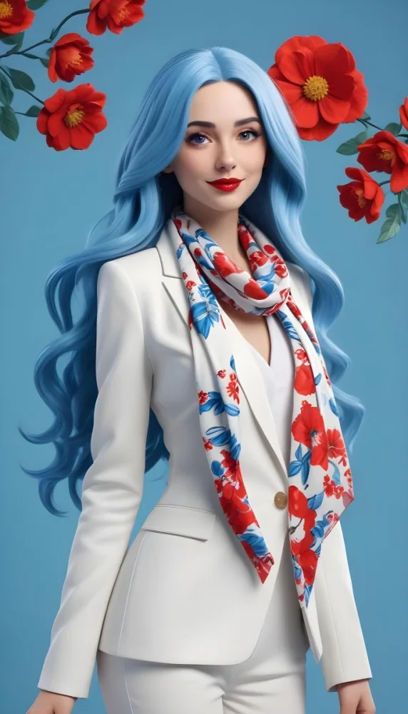 A Caucasian Woman Age 28 With Long Blue Hair Red Lips Wearing A White Suit And A Floral Scarf In A Blue Background 49 Bc4a