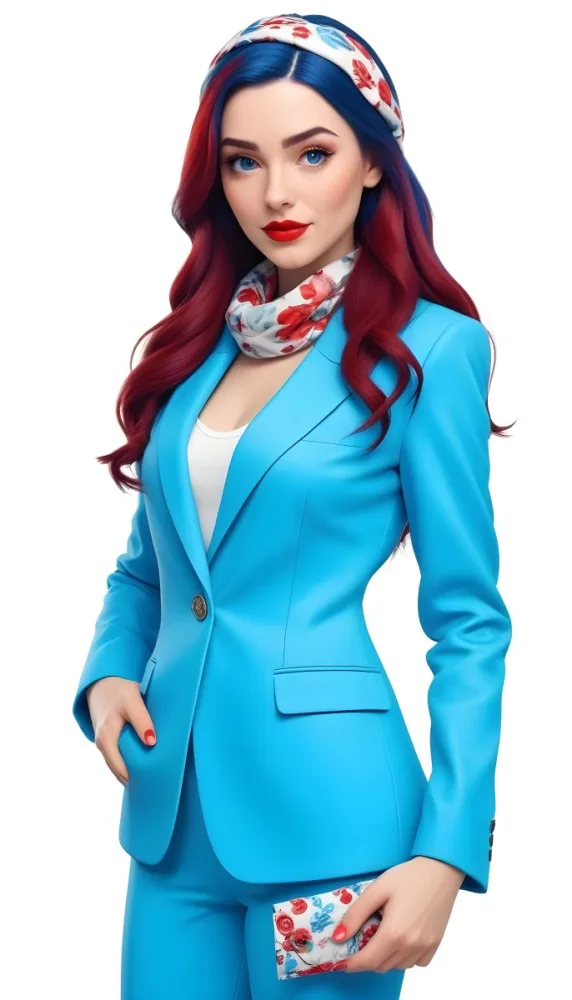 A Caucasian Woman Age 28 With Long Blue Hair Red Lips Wearing A White Suit And A Floral Scarf In A Blue Background 50 5fe7