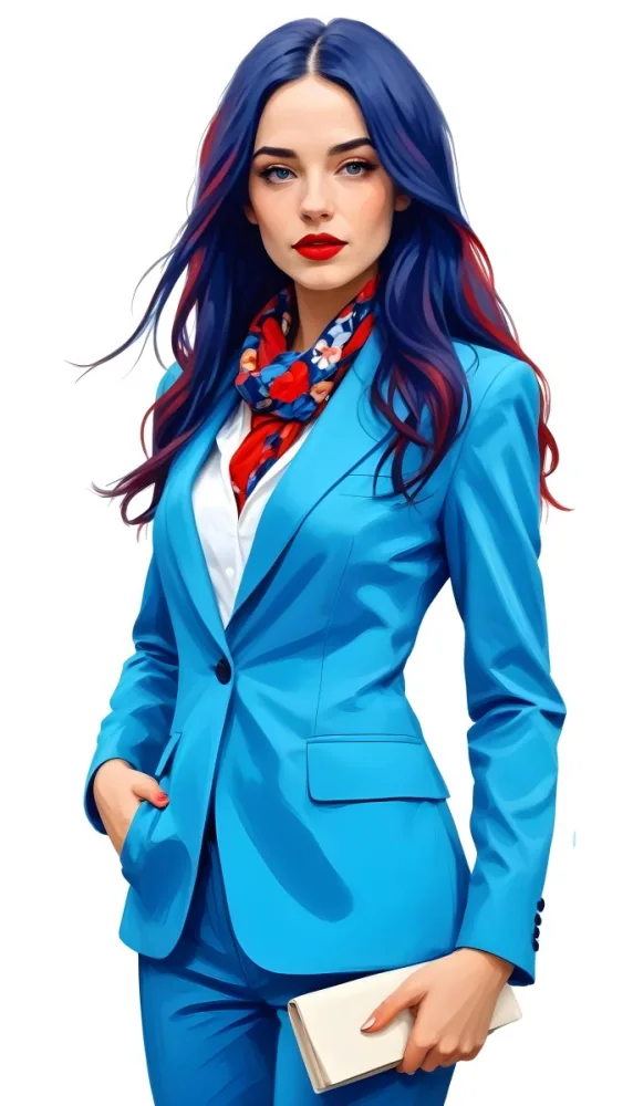 A Caucasian Woman Age 28 With Long Blue Hair Red Lips Wearing A White Suit And A Floral Scarf In A Blue Background 53 764d