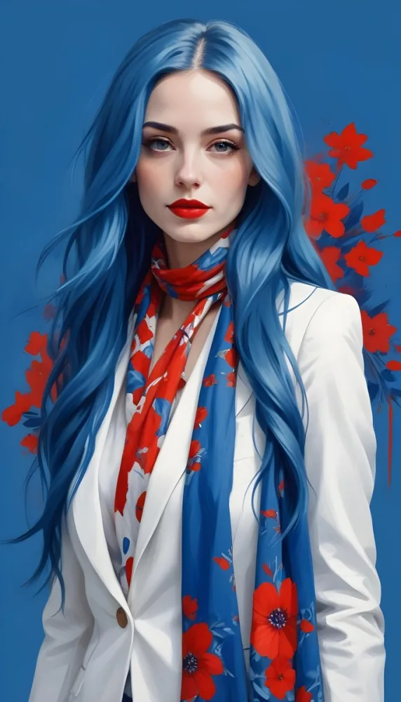 A Caucasian Woman Age 28 With Long Blue Hair Red Lips Wearing A White Suit And A Floral Scarf In A Blue Background 56 870f