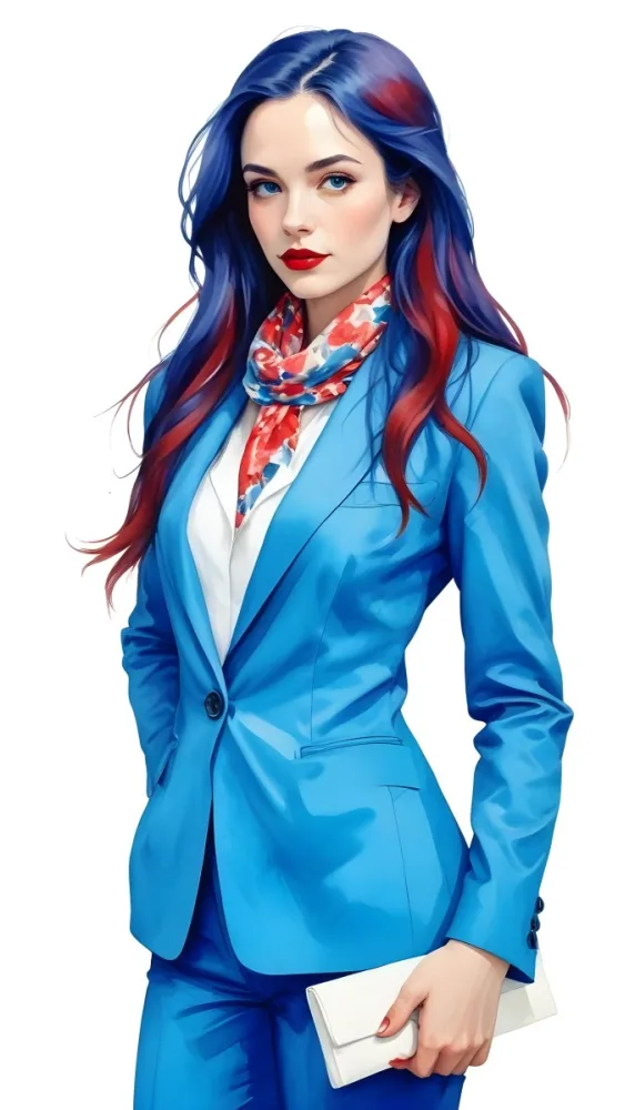 A Caucasian Woman Age 28 With Long Blue Hair Red Lips Wearing A White Suit And A Floral Scarf In A Blue Background 6 7419