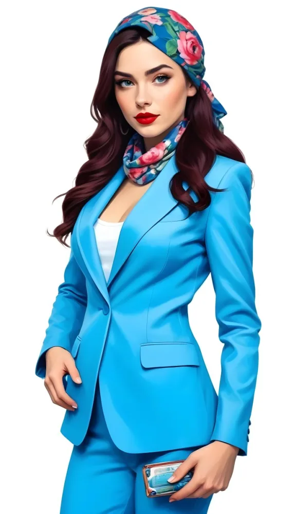 A Caucasian Woman Age 28 With Long Blue Hair Red Lips Wearing A White Suit And A Floral Scarf In A Blue Background 63 013d
