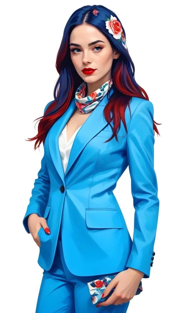 A Caucasian Woman Age 28 With Long Blue Hair Red Lips Wearing A White Suit And A Floral Scarf In A Blue Background 67 36e4