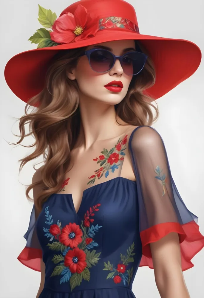 A Caucasian Woman Age 28 With Long Wavy Brown Hair Wearing A Red Hat Sunglasses Red Lipstick And A Blue Dress With Floral Embroidery In A White Background 18 E8ac