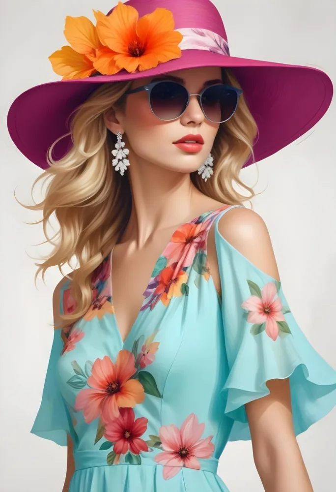A Caucasian Woman Age 30 With Blonde Wavy Hair Wearing A White Hat Sunglasses Earrings And A White Dress With Floral Print In A White Background 19 1beb