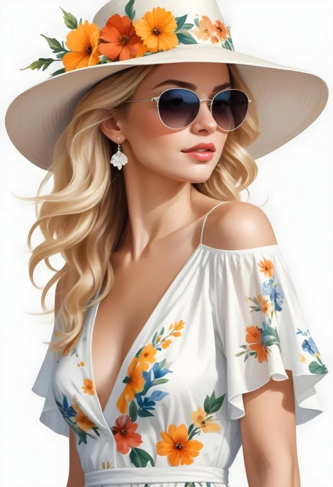 A Caucasian Woman Age 30 With Blonde Wavy Hair Wearing A White Hat Sunglasses Earrings And A White Dress With Floral Print In A White Background 4 C7fa